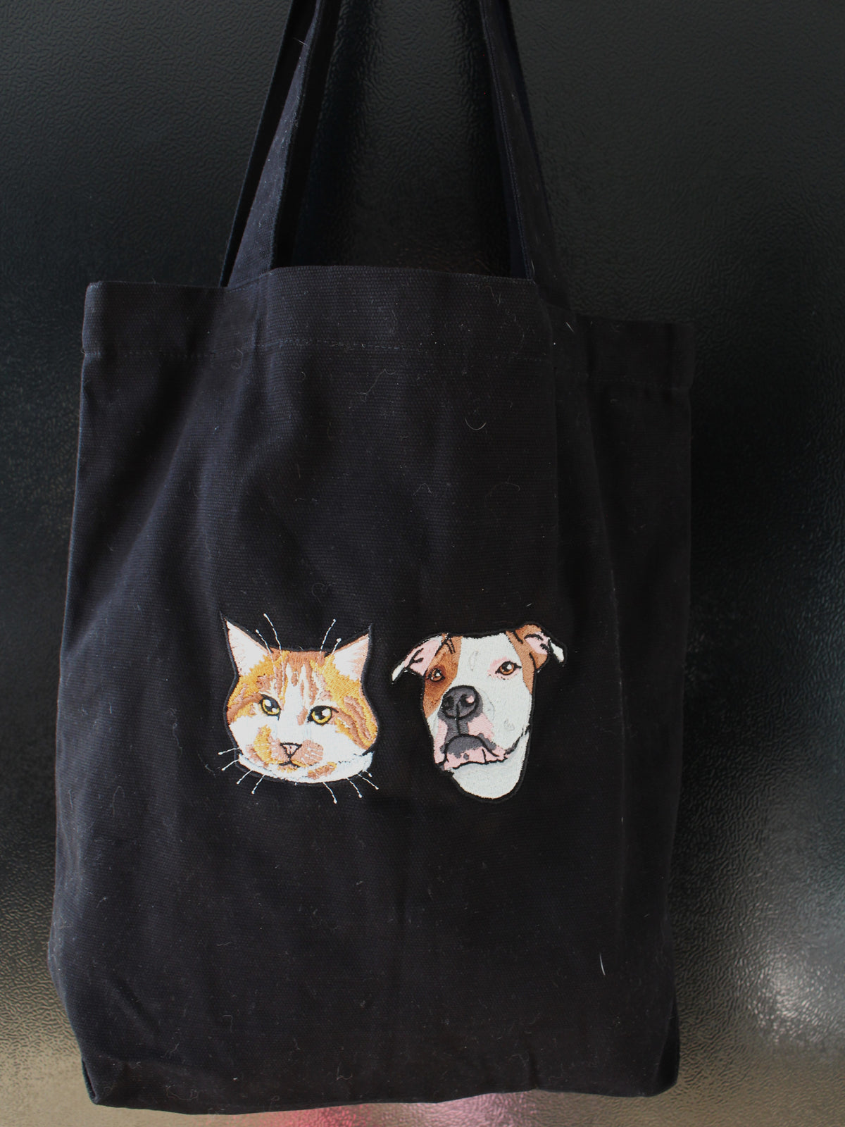 THE TOTE, Custom pet portrait embroidered on THE TOTE.